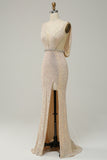 Sheath Deep V Neck Champagne Paljetter Lång balklänning med delad front