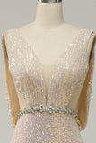 Sheath Deep V Neck Champagne Paljetter Lång balklänning med delad front