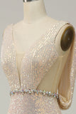 Sheath Deep V Neck Champagne Paljetter Lång balklänning med delad front