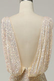 Sheath Deep V Neck Champagne Paljetter Lång balklänning med delad front