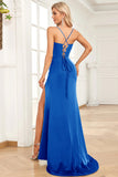 Fuchsia Mermaid Spaghetti Straps Satin Prom Klänning med Split Front