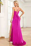 Fuchsia Mermaid Spaghetti Straps Satin Prom Klänning med Split Front
