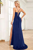 Mörkgrön sjöjungfru Spaghetti Straps Satin Prom Klänning med Split Front