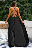 A-linje Spaghetti Straps Backless Lång Satin Balklänning med slits