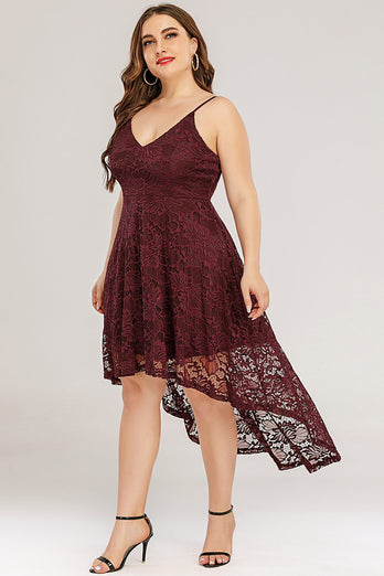 Vinröd hög låg spets Plus size klänning