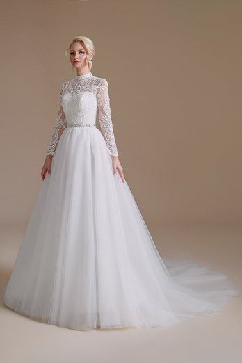Vit A-Line Höghalsad Långärmad Bröllopsklänning med spets
