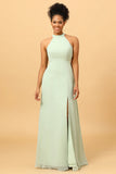 En Line Halter Dusty Sage Long Bridesmaid Dress med öppen rygg