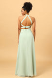 En Line Halter Dusty Sage Long Bridesmaid Dress med öppen rygg
