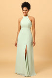 En Line Halter Dusty Sage Long Bridesmaid Dress med öppen rygg