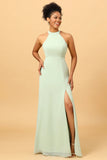 En Line Halter Dusty Sage Long Bridesmaid Dress med öppen rygg