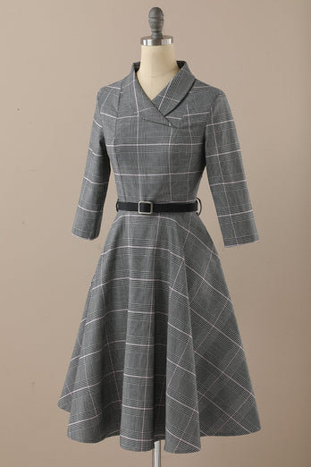 Retro Style Mörkgrå Vintage klänning med långa ärmar