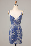 Sparkle 'til Dawn Slida Spaghetti Straps Mörkblå Kort Homecoming Klänning med broderi