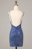 Sparkle 'til Dawn Slida Spaghetti Straps Mörkblå Kort Homecoming Klänning med broderi