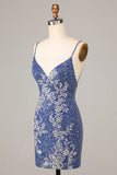 Sparkle 'til Dawn Slida Spaghetti Straps Mörkblå Kort Homecoming Klänning med broderi