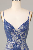 Sparkle 'til Dawn Slida Spaghetti Straps Mörkblå Kort Homecoming Klänning med broderi