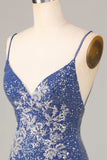 Sparkle 'til Dawn Slida Spaghetti Straps Mörkblå Kort Homecoming Klänning med broderi