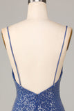 Sparkle 'til Dawn Slida Spaghetti Straps Mörkblå Kort Homecoming Klänning med broderi