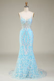 Blå Spaghetti Straps Glittrande Mermaid Balklänning