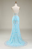 Blå Spaghetti Straps Glittrande Mermaid Balklänning