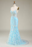 Blå Spaghetti Straps Glittrande Mermaid Balklänning