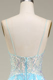 Blå Spaghetti Straps Glittrande Mermaid Balklänning