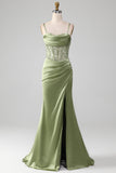 Sage Green Paljett Satin Plisserad Sjöjungfru korsett Balklänning