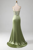 Sage Green Paljett Satin Plisserad Sjöjungfru korsett Balklänning