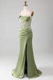 Sage Green Paljett Satin Plisserad Sjöjungfru korsett Balklänning