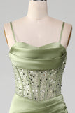 Sage Green Paljett Satin Plisserad Sjöjungfru korsett Balklänning