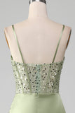 Sage Green Paljett Satin Plisserad Sjöjungfru korsett Balklänning