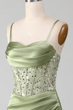 Sage Green Paljett Satin Plisserad Sjöjungfru korsett Balklänning