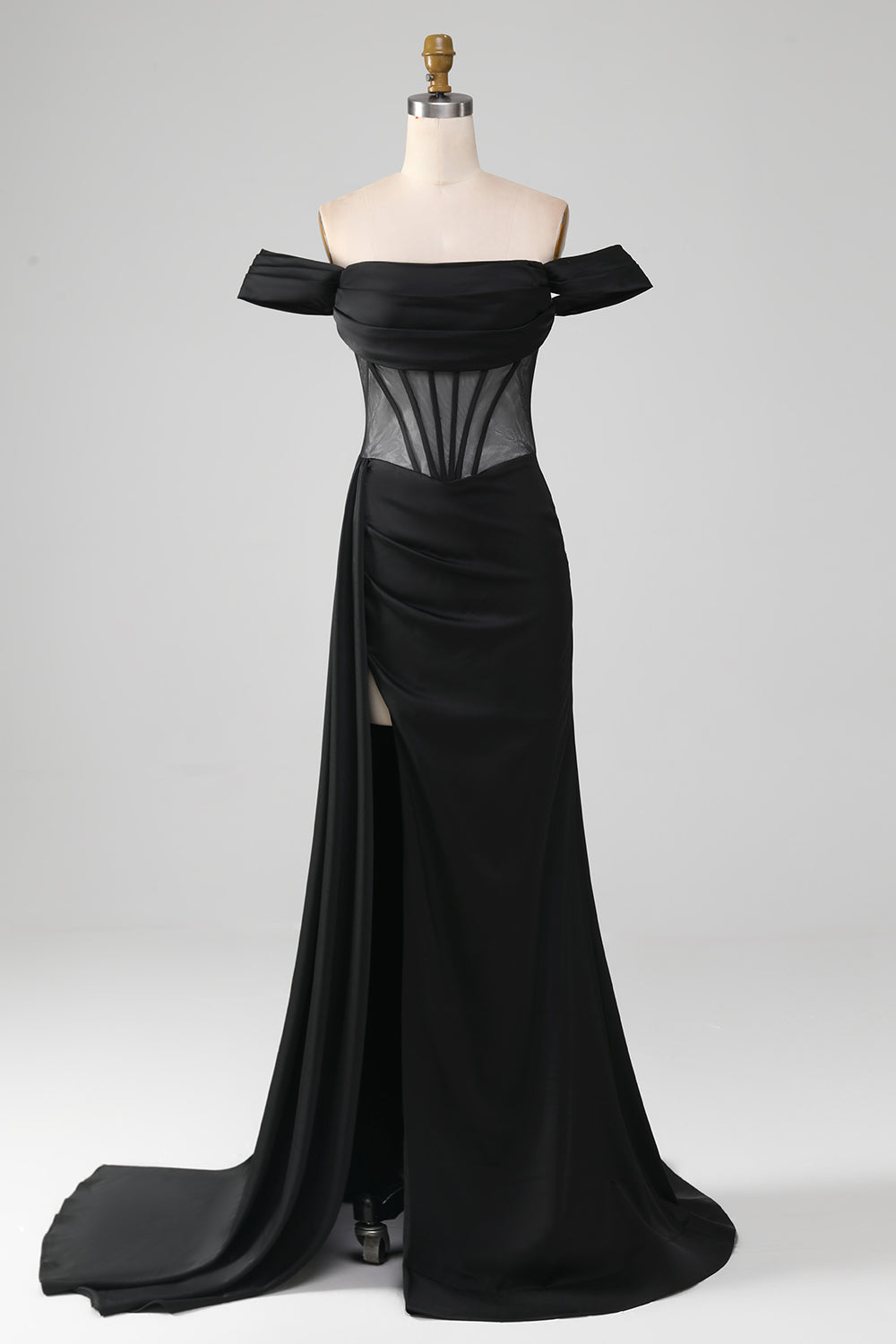 Svart Off The Shoulder Satin Korsett Mermaid Balklänning med slits