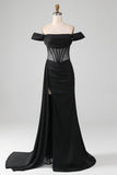 Svart Off The Shoulder Satin Korsett Mermaid Balklänning med slits