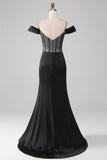 Svart Off The Shoulder Satin Korsett Mermaid Balklänning med slits