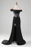 Svart Off The Shoulder Satin Korsett Mermaid Balklänning med slits