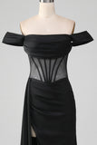 Svart Off The Shoulder Satin Korsett Mermaid Balklänning med slits