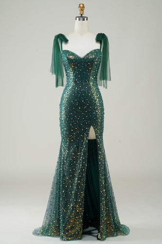 Glittrande mörkgrön sjöjungfru paljetter lång balklänning med slits