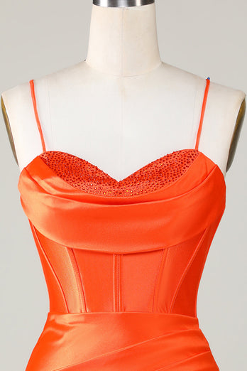 Glittrande Orange Pärlstav Korsett Bodycon Kort Hemkomstklänning