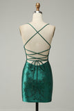 Mörkgrön Pärlad Bodycon Kort Balklänning Med Criss Cross Back