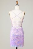 Bling Bodycon Spaghettiband Lila Korsett Homecoming Klänning med Criss Cross Tillbaka