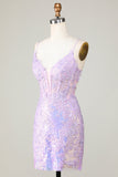 Bling Bodycon Spaghettiband Lila Korsett Homecoming Klänning med Criss Cross Tillbaka