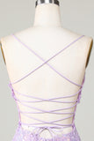 Bling Bodycon Spaghettiband Lila Korsett Homecoming Klänning med Criss Cross Tillbaka